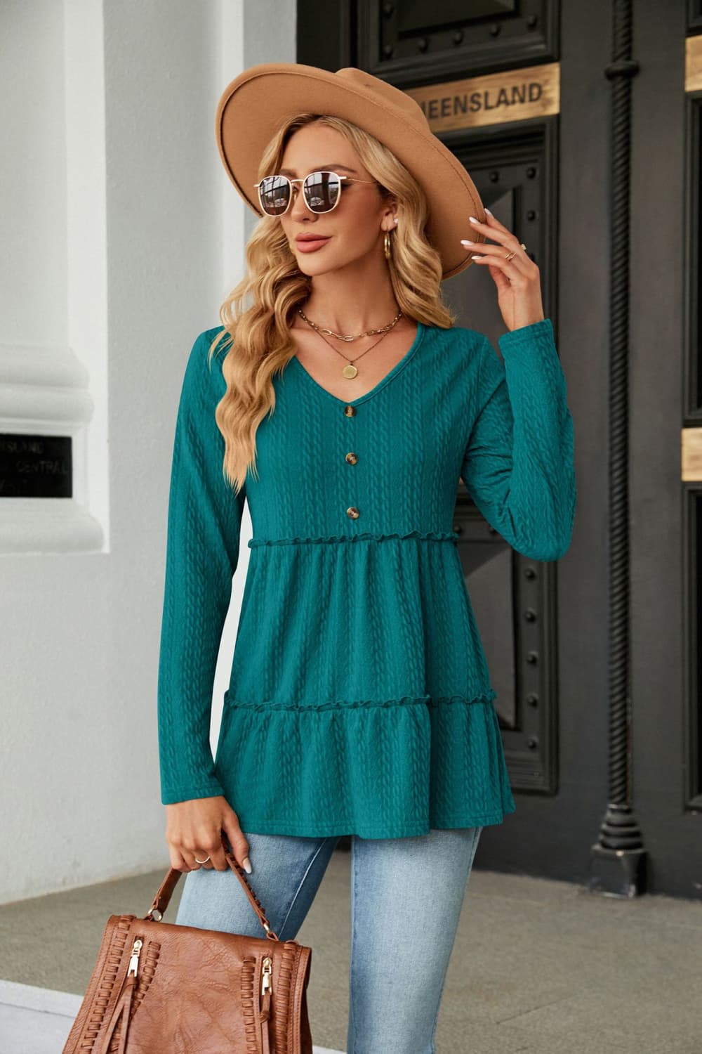 Long Sleeve V-Neck Cable-Knit Blouse - Women’s Clothing & Accessories - Shirts & Tops - 34 - 2024