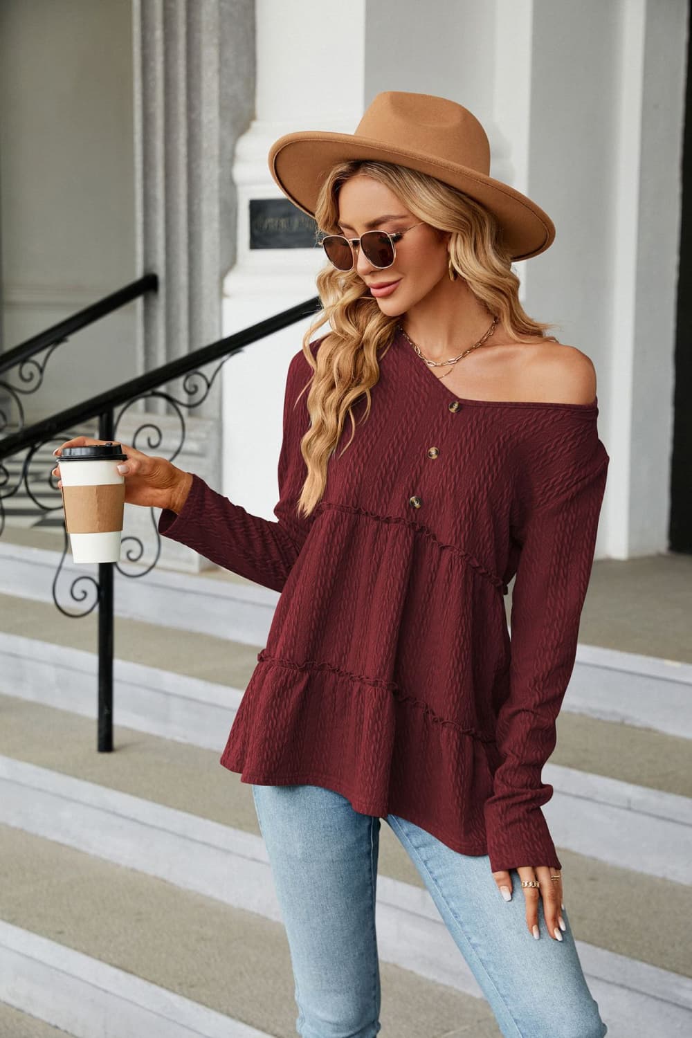 Long Sleeve V-Neck Cable-Knit Blouse - Women’s Clothing & Accessories - Shirts & Tops - 17 - 2024