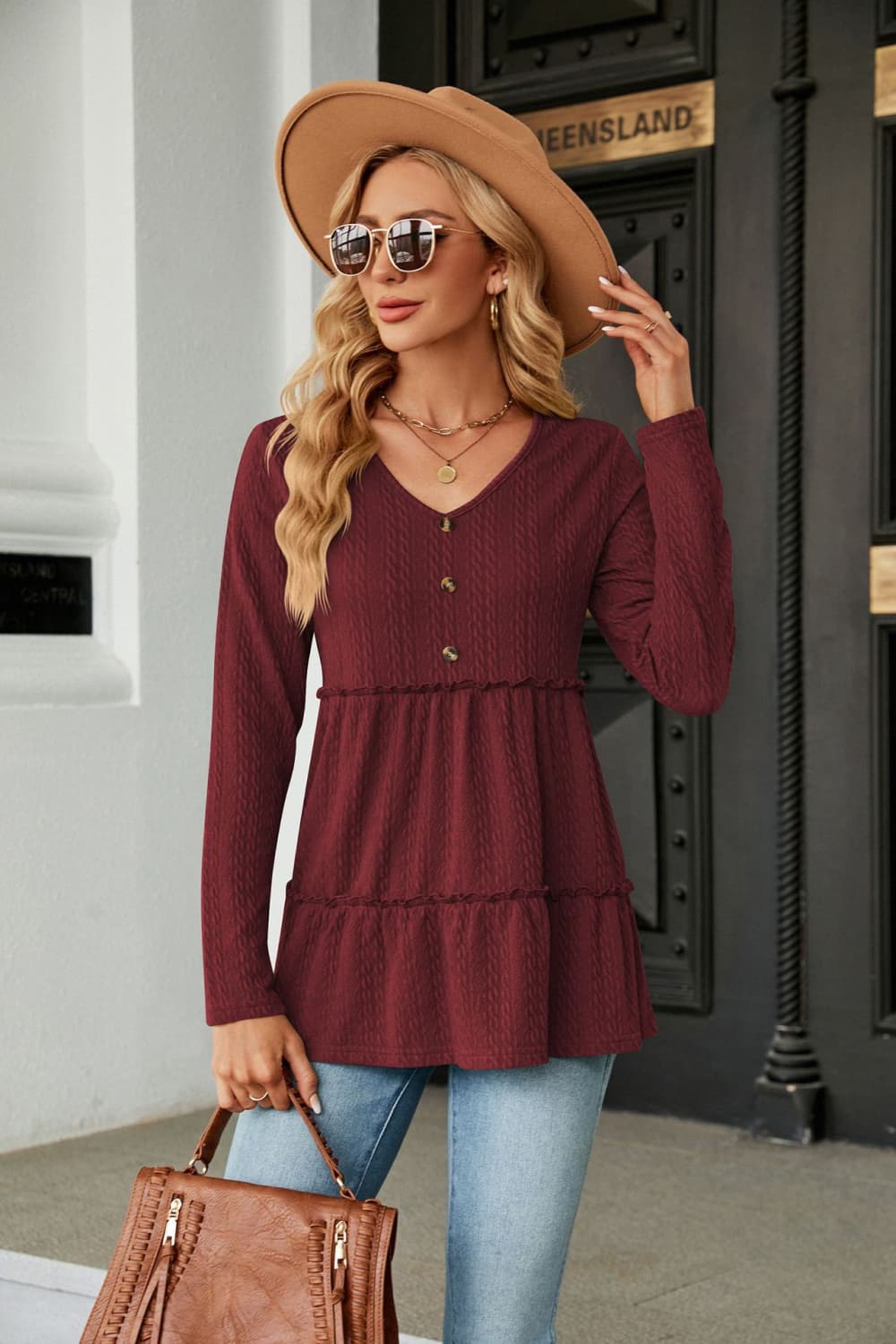 Long Sleeve V-Neck Cable-Knit Blouse - Dark Red / S - Women’s Clothing & Accessories - Shirts & Tops - 16 - 2024