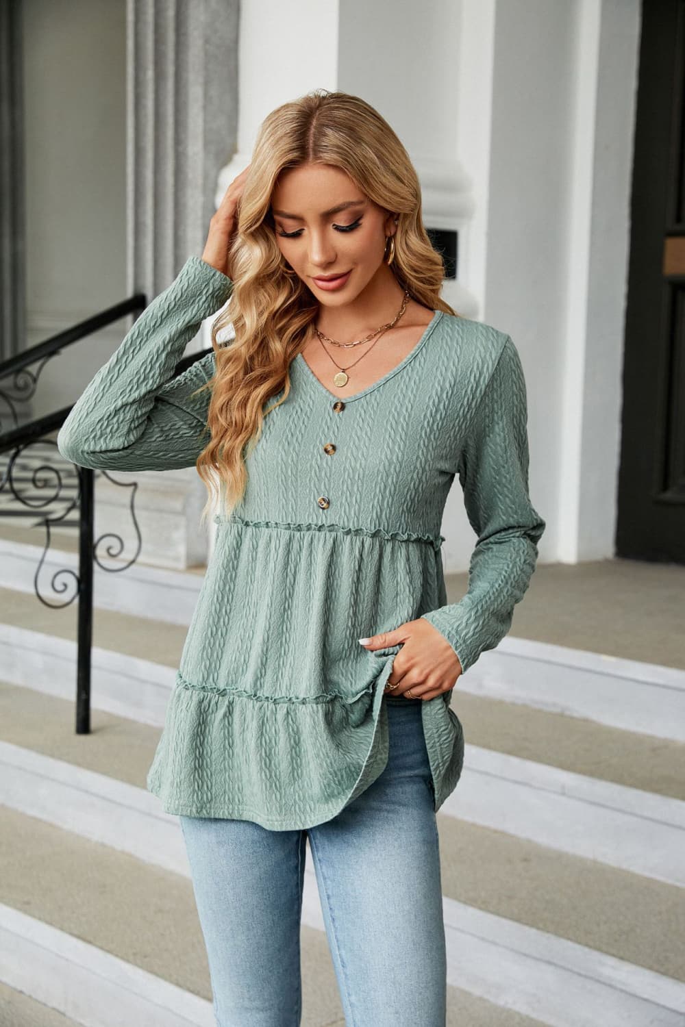 Long Sleeve V-Neck Cable-Knit Blouse - Women’s Clothing & Accessories - Shirts & Tops - 5 - 2024