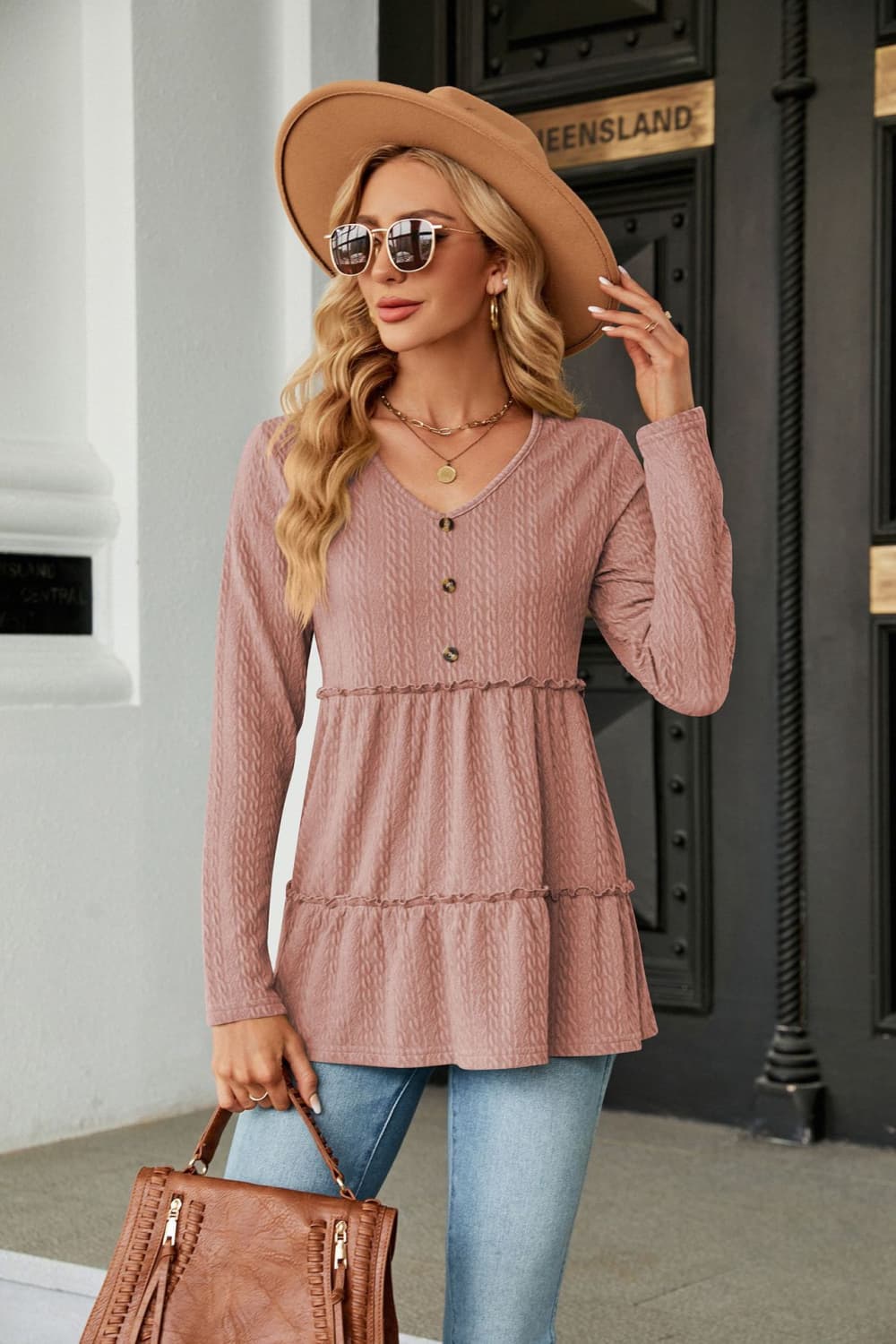 Long Sleeve V-Neck Cable-Knit Blouse - Pink / S - Women’s Clothing & Accessories - Shirts & Tops - 10 - 2024