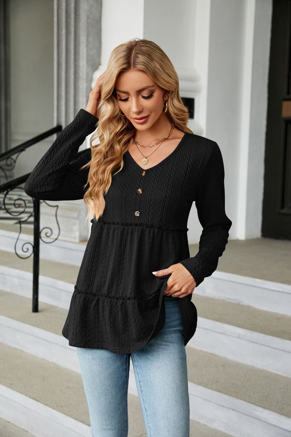 Long Sleeve V-Neck Cable-Knit Blouse - Women’s Clothing & Accessories - Shirts & Tops - 23 - 2024