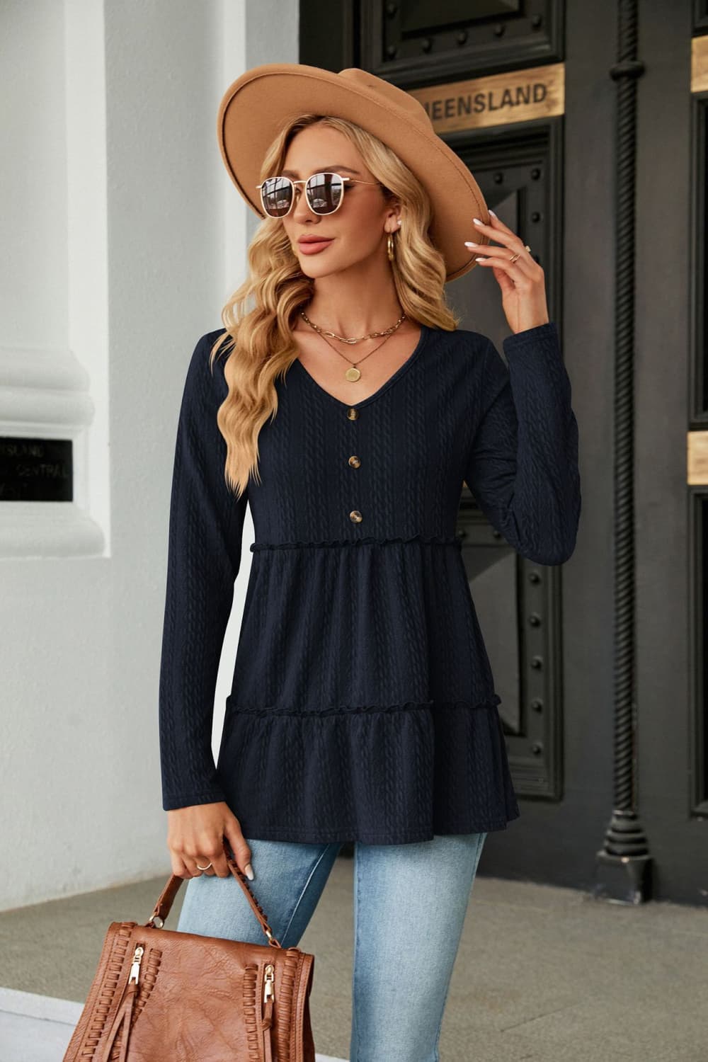Long Sleeve V-Neck Cable-Knit Blouse - Women’s Clothing & Accessories - Shirts & Tops - 28 - 2024