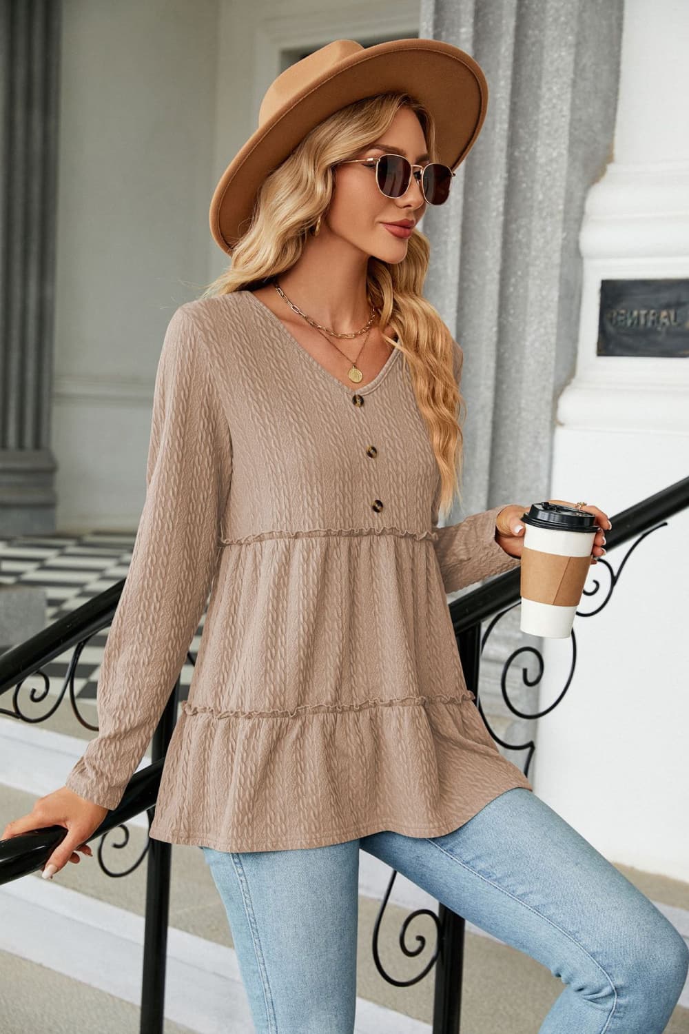 Long Sleeve V-Neck Cable-Knit Blouse - Women’s Clothing & Accessories - Shirts & Tops - 3 - 2024