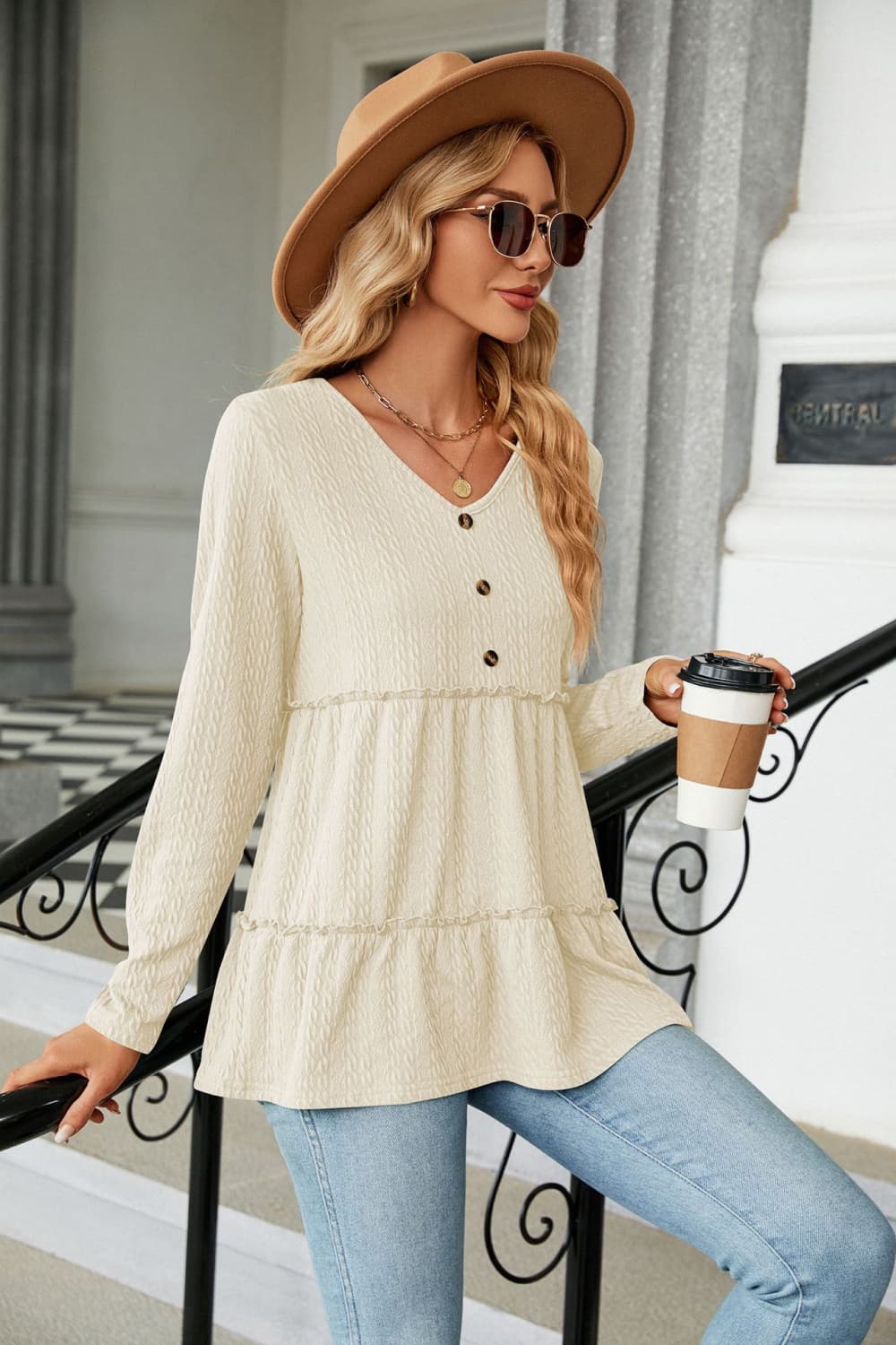 Long Sleeve V-Neck Cable-Knit Blouse - Women’s Clothing & Accessories - Shirts & Tops - 8 - 2024