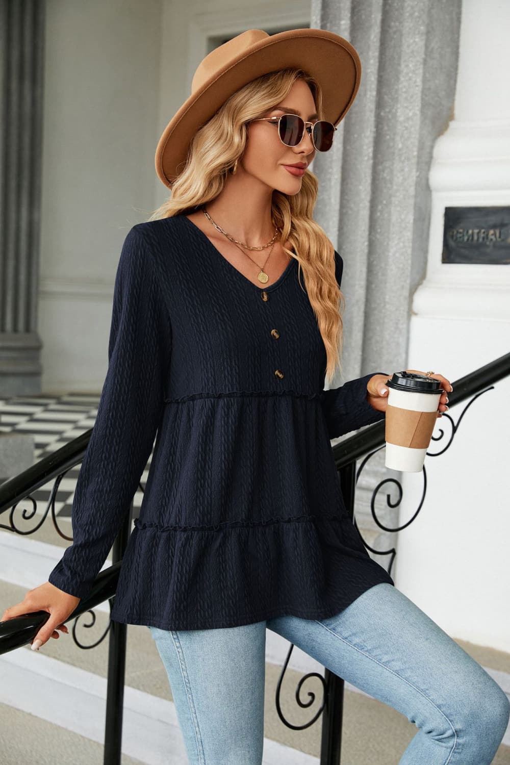 Long Sleeve V-Neck Cable-Knit Blouse - Women’s Clothing & Accessories - Shirts & Tops - 26 - 2024