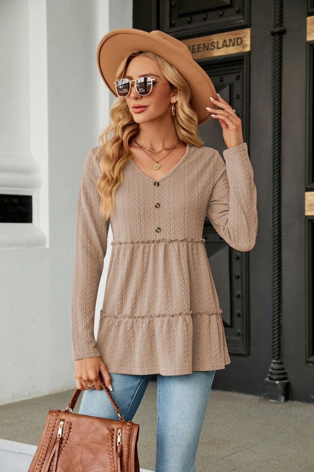 Long Sleeve V-Neck Cable-Knit Blouse - Khaki / S - Women’s Clothing & Accessories - Shirts & Tops - 1 - 2024