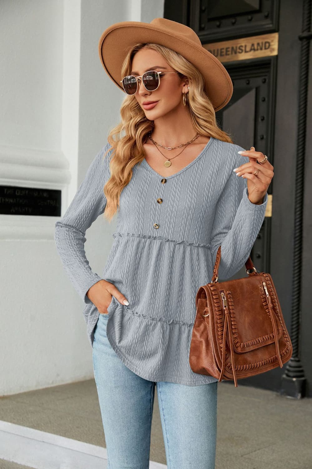 Long Sleeve V-Neck Cable-Knit Blouse - Women’s Clothing & Accessories - Shirts & Tops - 19 - 2024