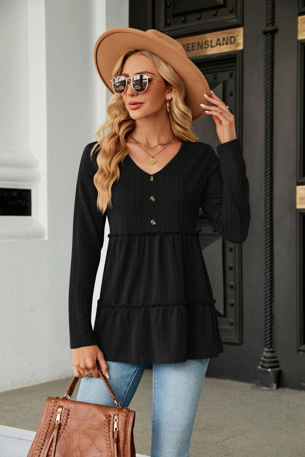 Long Sleeve V-Neck Cable-Knit Blouse - Black / S - Women’s Clothing & Accessories - Shirts & Tops - 22 - 2024