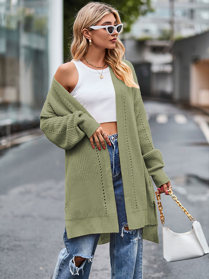 Long Sleeve Waffle-Knit Cardigan - Green / S - Women’s Clothing & Accessories - Shirts & Tops - 7 - 2024