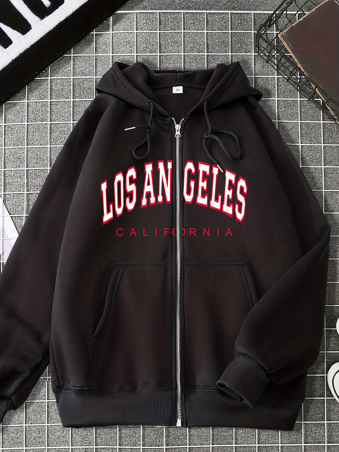 LOS ANGELES CALIFORNIA Graphic Drawstring Hooded Jacket - Black / S - Women’s Clothing & Accessories - Coats &