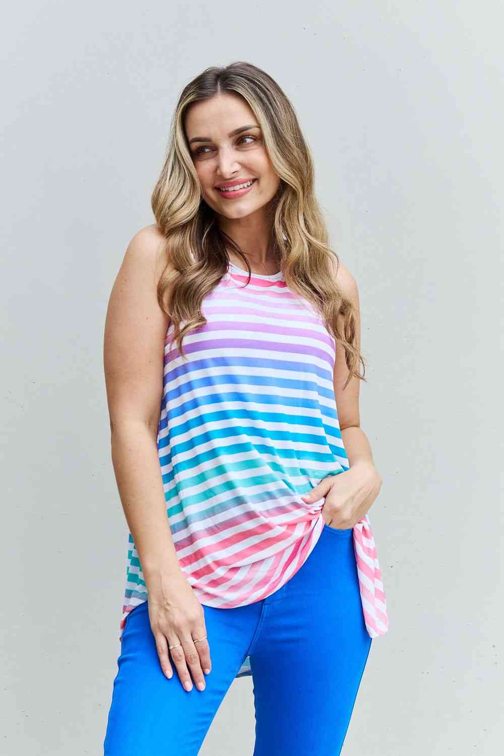 Love Yourself Full Size Multicolored Striped Sleeveless Round Neck Top - Women’s Clothing & Accessories - Shirts &