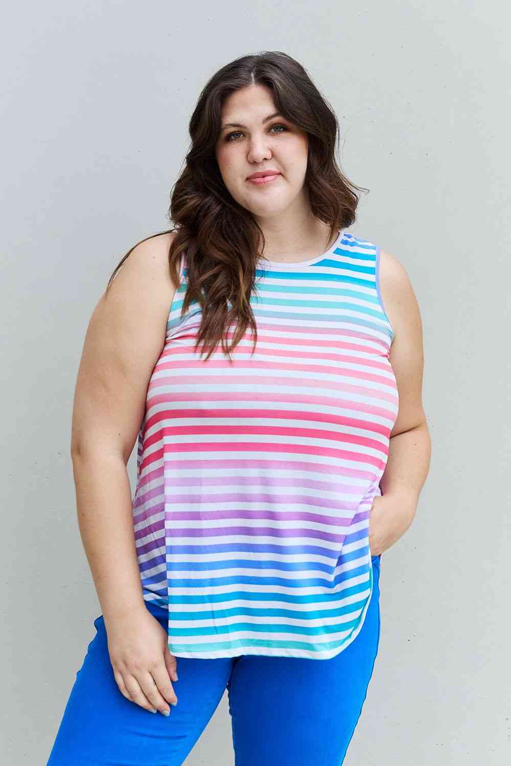 Love Yourself Full Size Multicolored Striped Sleeveless Round Neck Top - Multicolor / S - Women’s Clothing &
