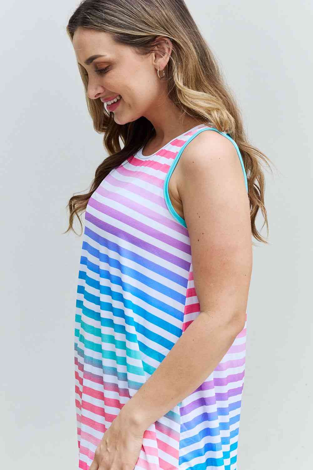 Love Yourself Full Size Multicolored Striped Sleeveless Round Neck Top - Women’s Clothing & Accessories - Shirts &