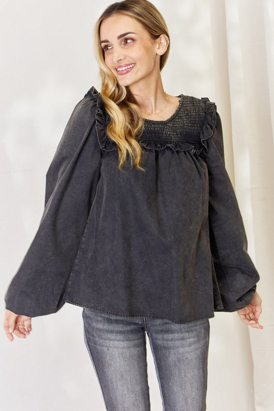 Mineral Wash Smocked Round Neck Blouse - Black / S - Women’s Clothing & Accessories - Shirts & Tops - 1 - 2024