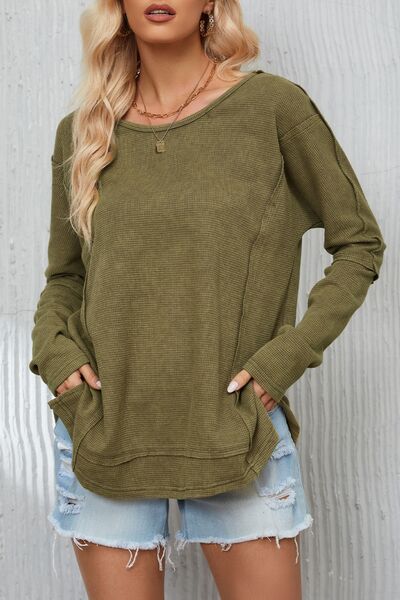 Mineral Washed Exposed Seam Round Neck Long Sleeve Blouse - Women’s Clothing & Accessories - Shirts & Tops - 4 - 2024