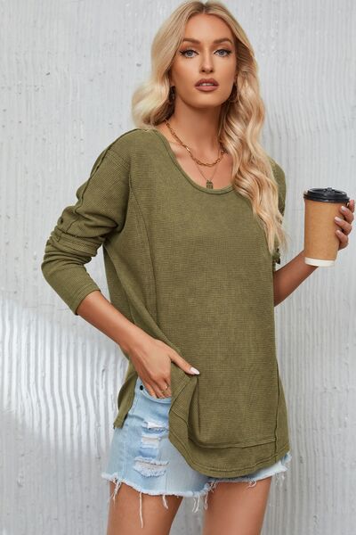 Mineral Washed Exposed Seam Round Neck Long Sleeve Blouse - Women’s Clothing & Accessories - Shirts & Tops - 2 - 2024