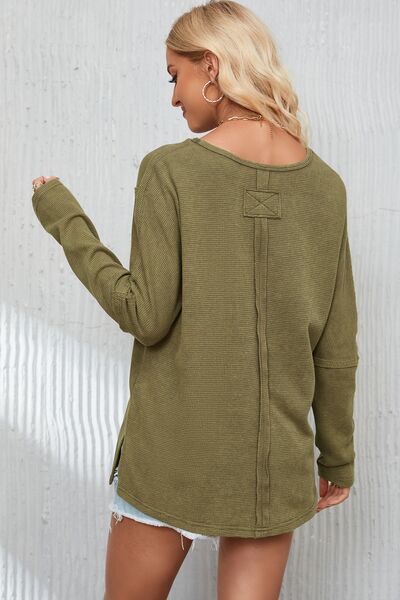 Mineral Washed Exposed Seam Round Neck Long Sleeve Blouse - Women’s Clothing & Accessories - Shirts & Tops - 3 - 2024