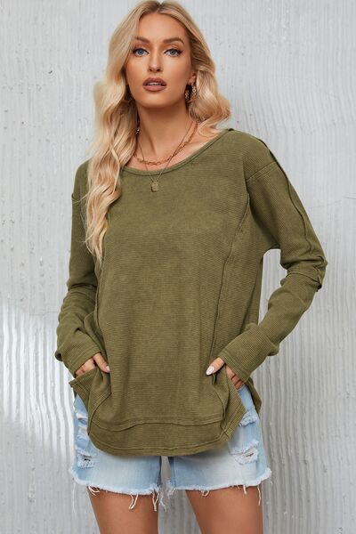 Mineral Washed Exposed Seam Round Neck Long Sleeve Blouse - Moss / S - Women’s Clothing & Accessories - Shirts & Tops