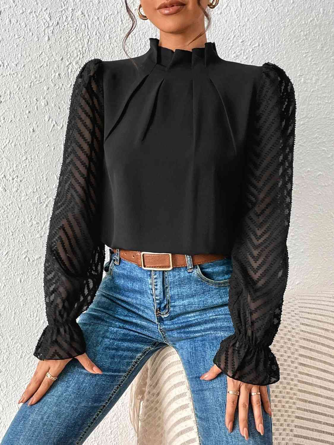 Mock Neck Flounce Sleeve Blouse - Women’s Clothing & Accessories - Shirts & Tops - 5 - 2024