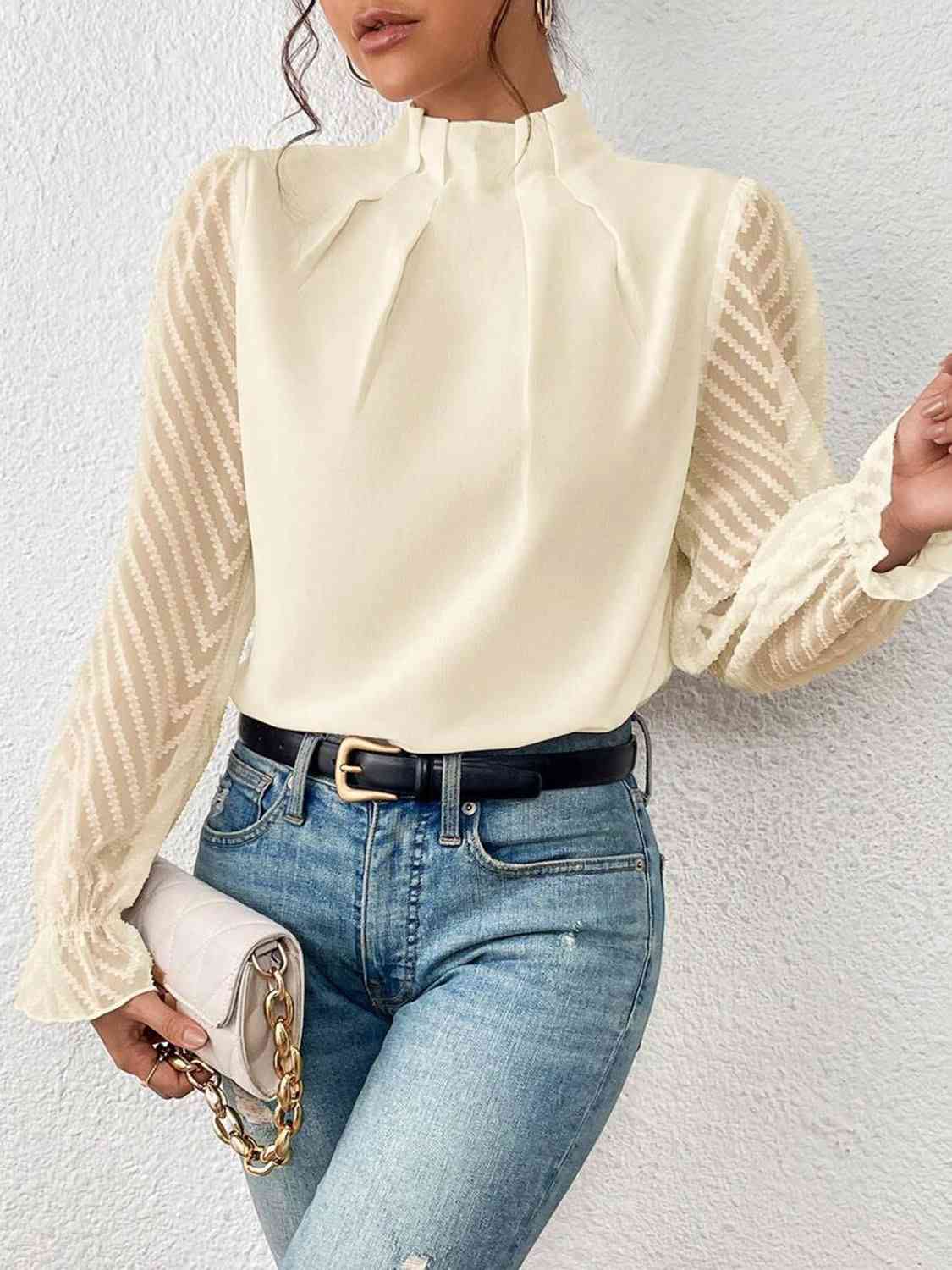 Mock Neck Flounce Sleeve Blouse - Women’s Clothing & Accessories - Shirts & Tops - 8 - 2024