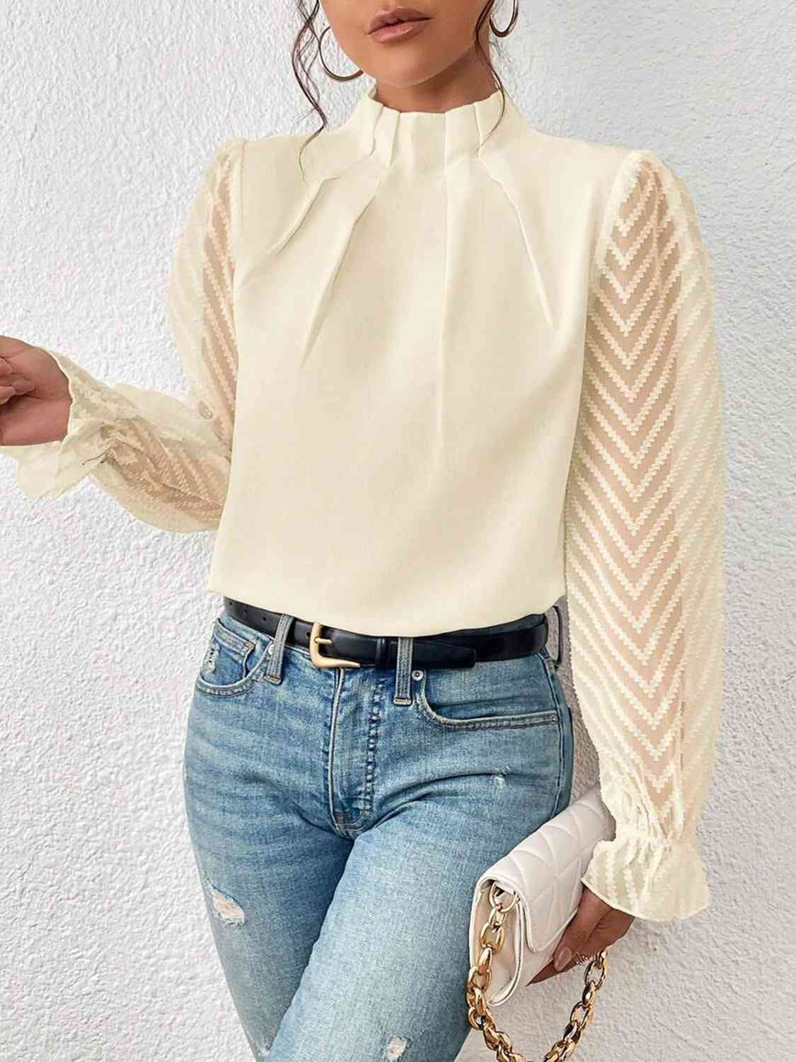 Mock Neck Flounce Sleeve Blouse - Cream / S - Women’s Clothing & Accessories - Shirts & Tops - 7 - 2024