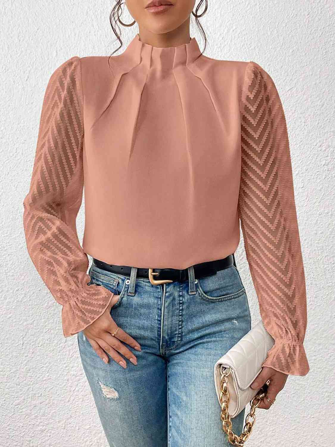 Mock Neck Flounce Sleeve Blouse - Burnt Coral / S - Women’s Clothing & Accessories - Shirts & Tops - 10 - 2024