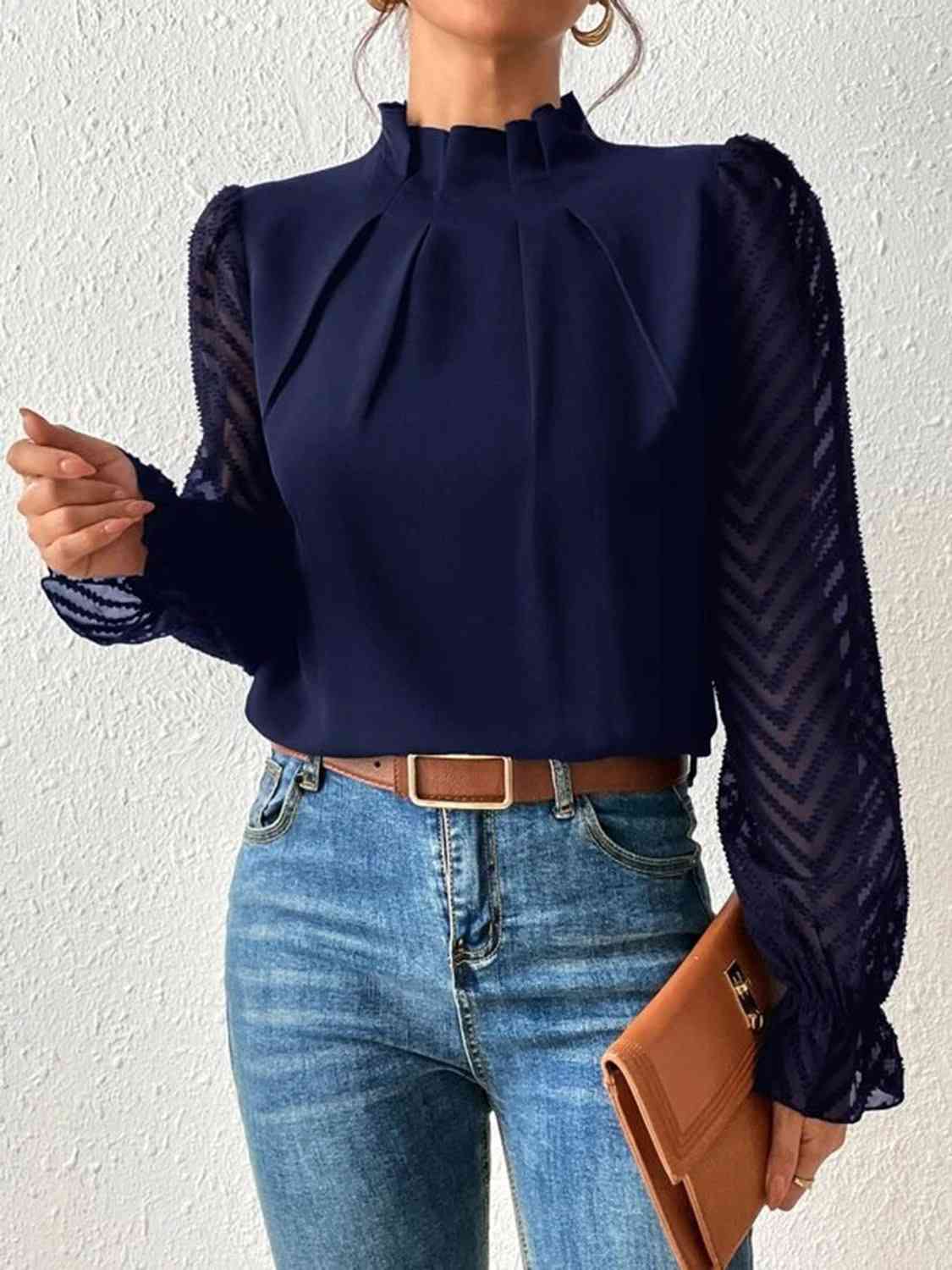 Mock Neck Flounce Sleeve Blouse - Navy / S - Women’s Clothing & Accessories - Shirts & Tops - 1 - 2024