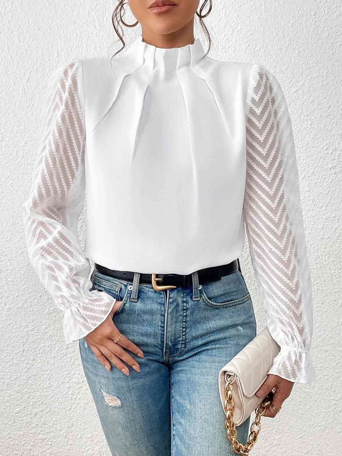 Mock Neck Flounce Sleeve Blouse - White / S - Women’s Clothing & Accessories - Shirts & Tops - 13 - 2024