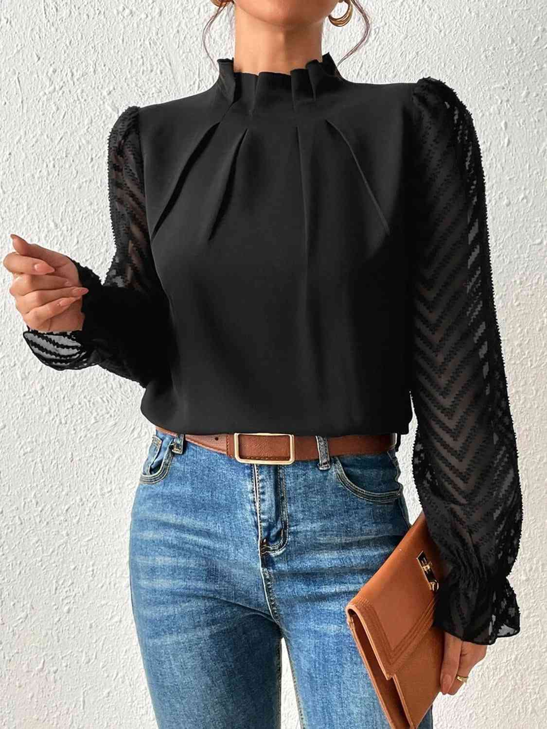 Mock Neck Flounce Sleeve Blouse - Black / S - Women’s Clothing & Accessories - Shirts & Tops - 4 - 2024