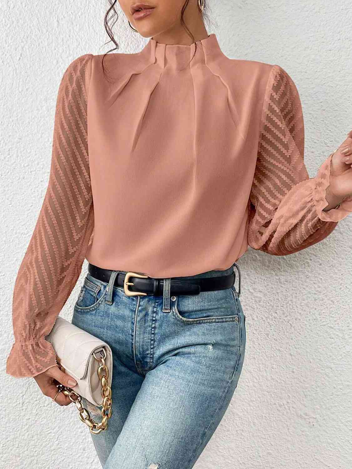 Mock Neck Flounce Sleeve Blouse - Women’s Clothing & Accessories - Shirts & Tops - 11 - 2024