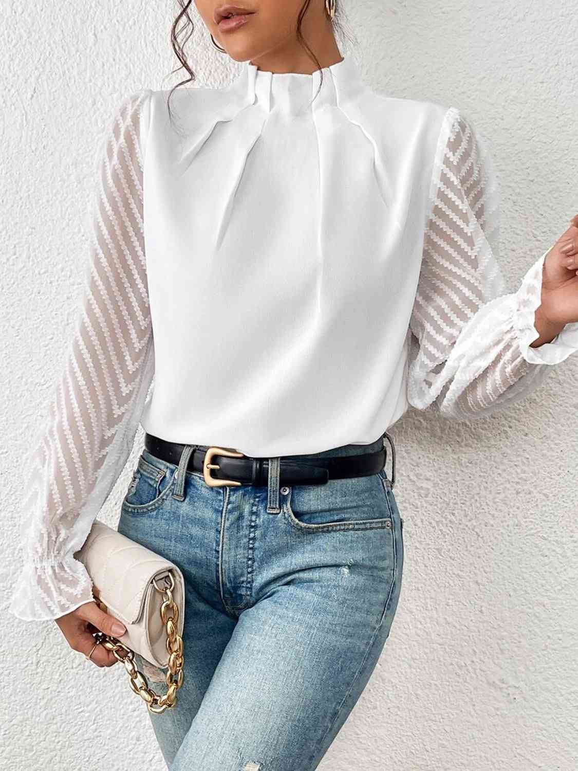 Mock Neck Flounce Sleeve Blouse - Women’s Clothing & Accessories - Shirts & Tops - 14 - 2024