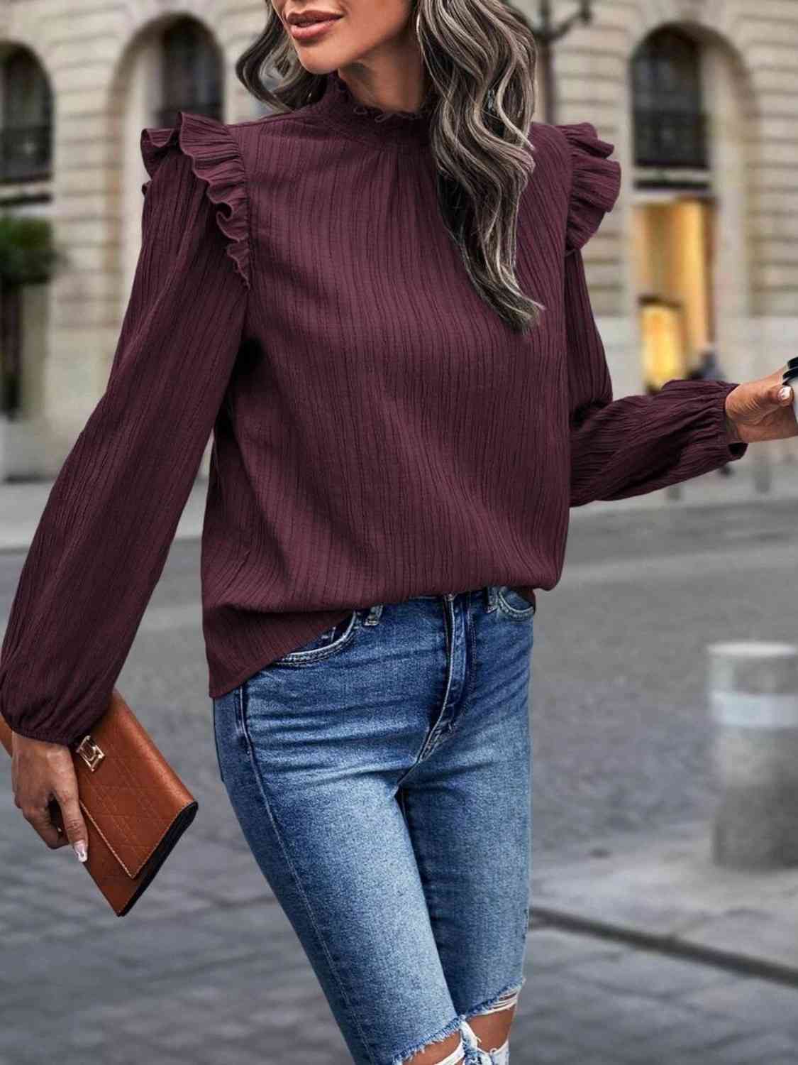 Mock Neck Ruffle Shoulder Blouse - Women’s Clothing & Accessories - Shirts & Tops - 3 - 2024