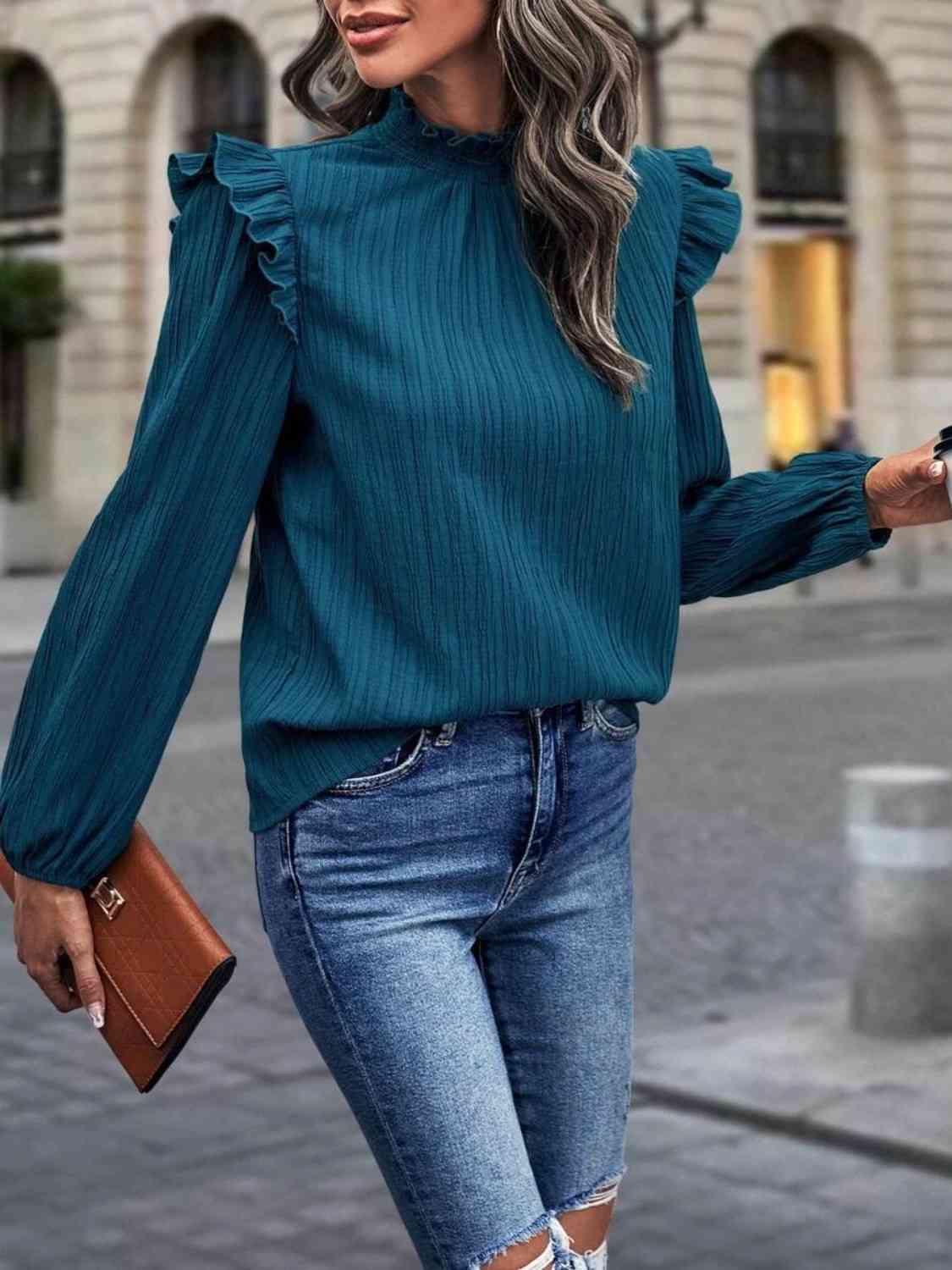 Mock Neck Ruffle Shoulder Blouse - Women’s Clothing & Accessories - Shirts & Tops - 10 - 2024
