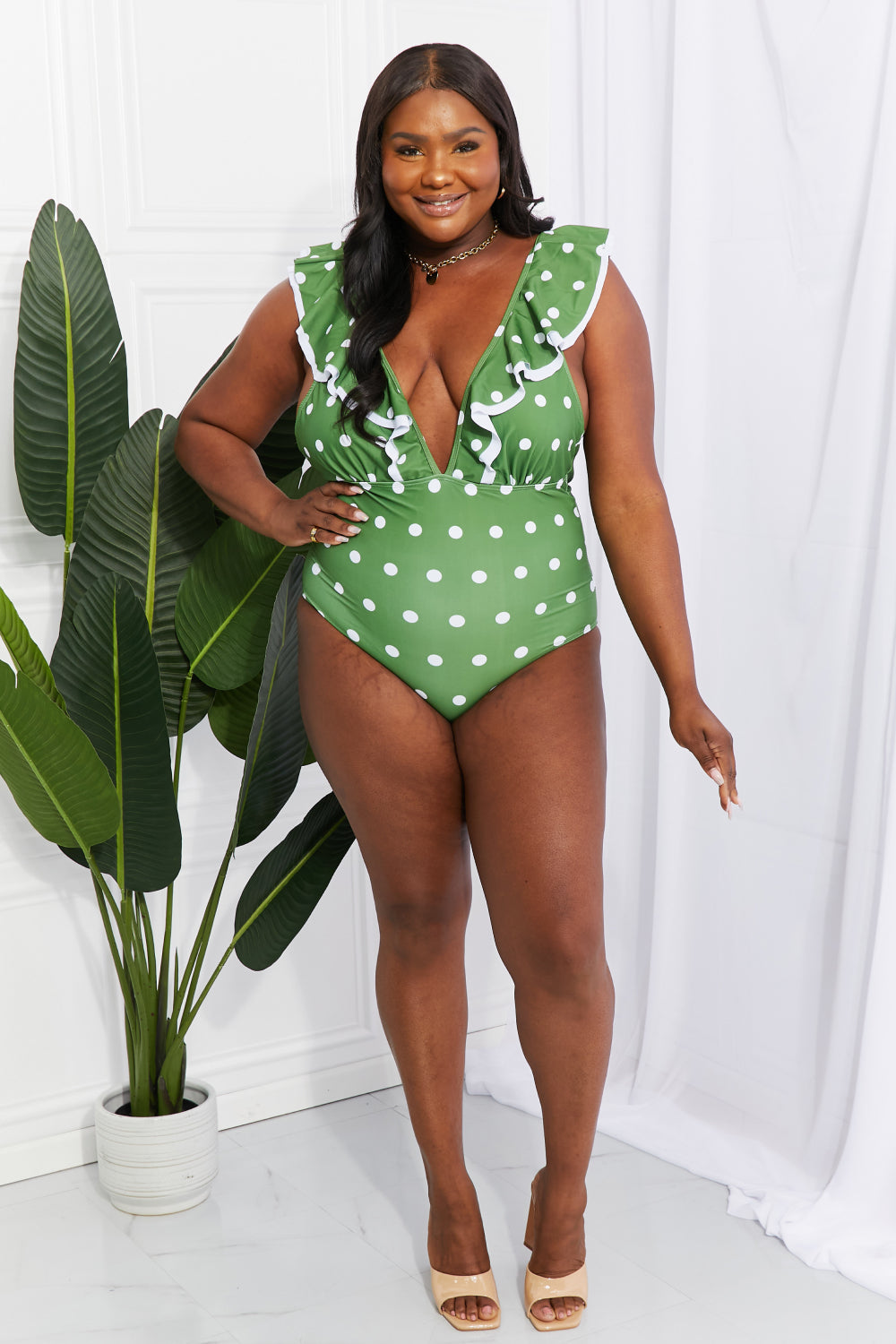 Moonlit Dip Ruffle Plunge Swimsuit in Mid Green - Women’s Clothing & Accessories - Swimwear - 4 - 2024