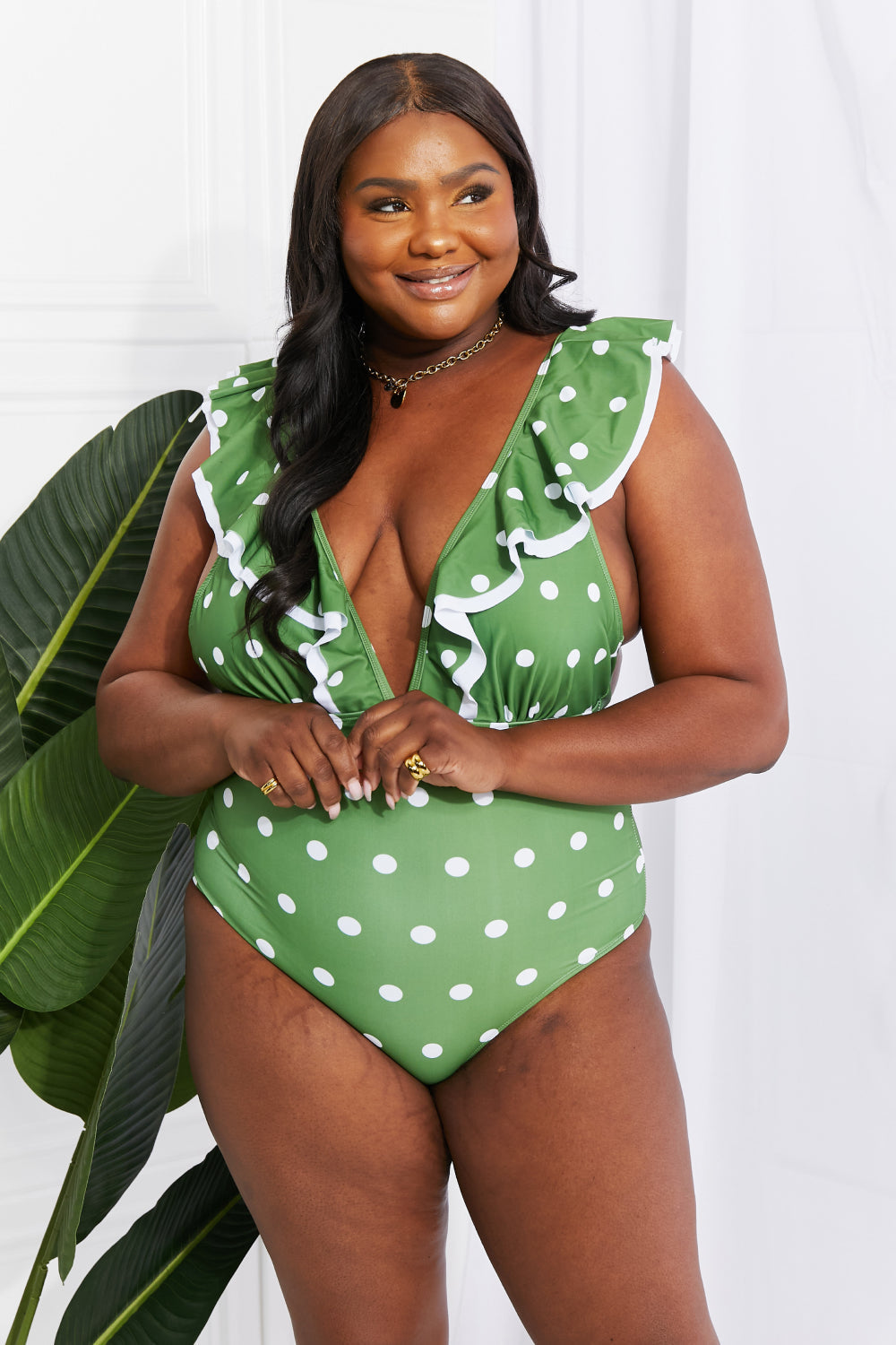 Moonlit Dip Ruffle Plunge Swimsuit in Mid Green - Women’s Clothing & Accessories - Swimwear - 3 - 2024