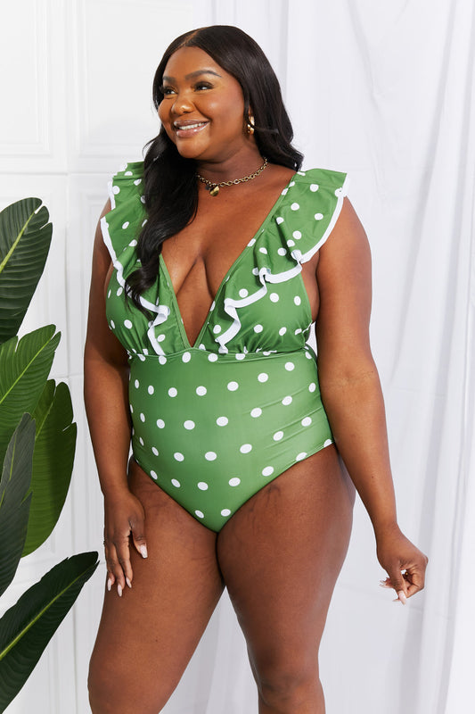 Moonlit Dip Ruffle Plunge Swimsuit in Mid Green - Green / S - Women’s Clothing & Accessories - Swimwear - 1 - 2024