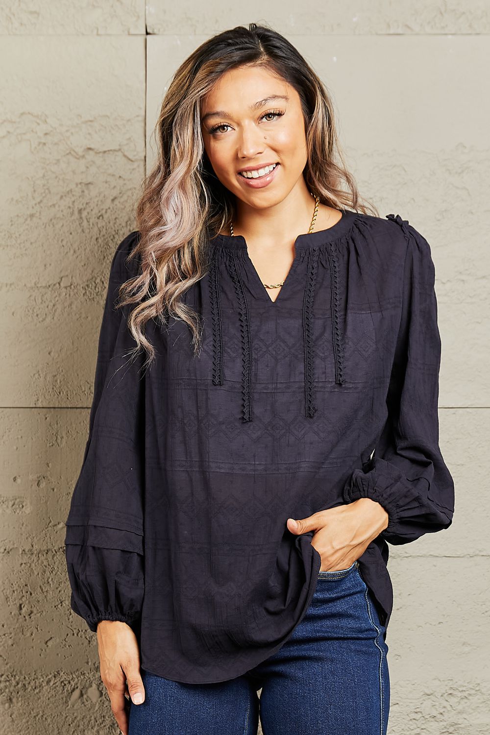 More For You Long Sleeve Stitch Blouse - Dark Blue / S - Women’s Clothing & Accessories - Shirts & Tops - 1 - 2024