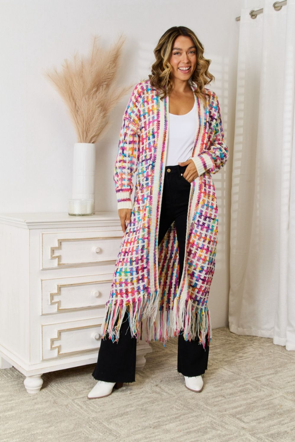 Multicolored Open Front Fringe Hem Cardigan - Red/White / L - Women’s Clothing & Accessories - Shirts & Tops - 10 - 2024