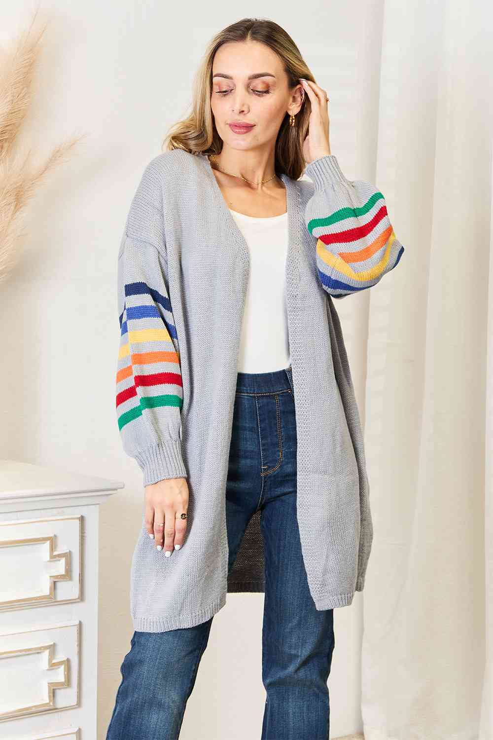 Multicolored Stripe Open Front Longline Cardigan - Light Gray / S - Women’s Clothing & Accessories - Shirts & Tops