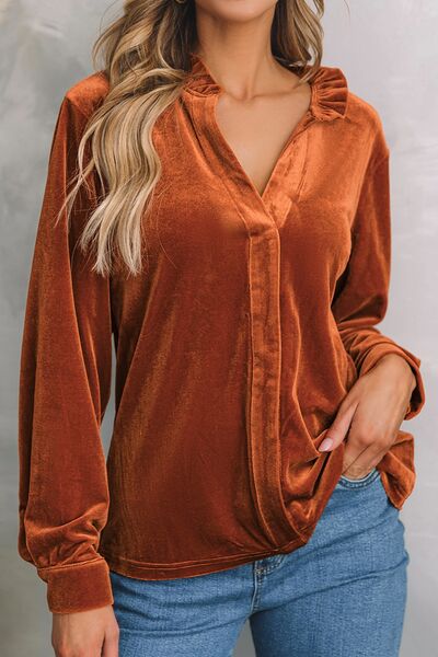 Notched Frill Detail Long Sleeve Blouse - Women’s Clothing & Accessories - Shirts & Tops - 3 - 2024