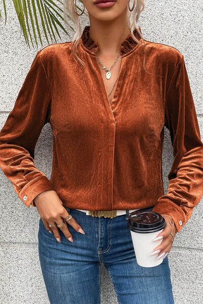 Notched Frill Detail Long Sleeve Blouse - Women’s Clothing & Accessories - Shirts & Tops - 8 - 2024