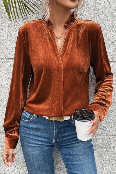Notched Frill Detail Long Sleeve Blouse - Women’s Clothing & Accessories - Shirts & Tops - 5 - 2024