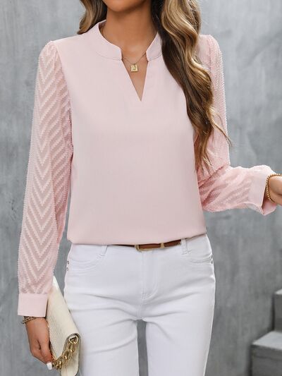 Notched Long Sleeve Blouse - Women’s Clothing & Accessories - Shirts & Tops - 2 - 2024