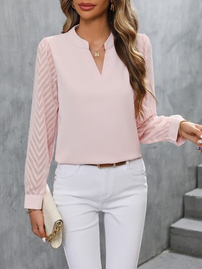 Notched Long Sleeve Blouse - Blush Pink / S - Women’s Clothing & Accessories - Shirts & Tops - 1 - 2024