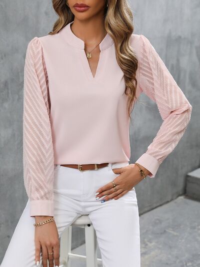 Notched Long Sleeve Blouse - Women’s Clothing & Accessories - Shirts & Tops - 6 - 2024