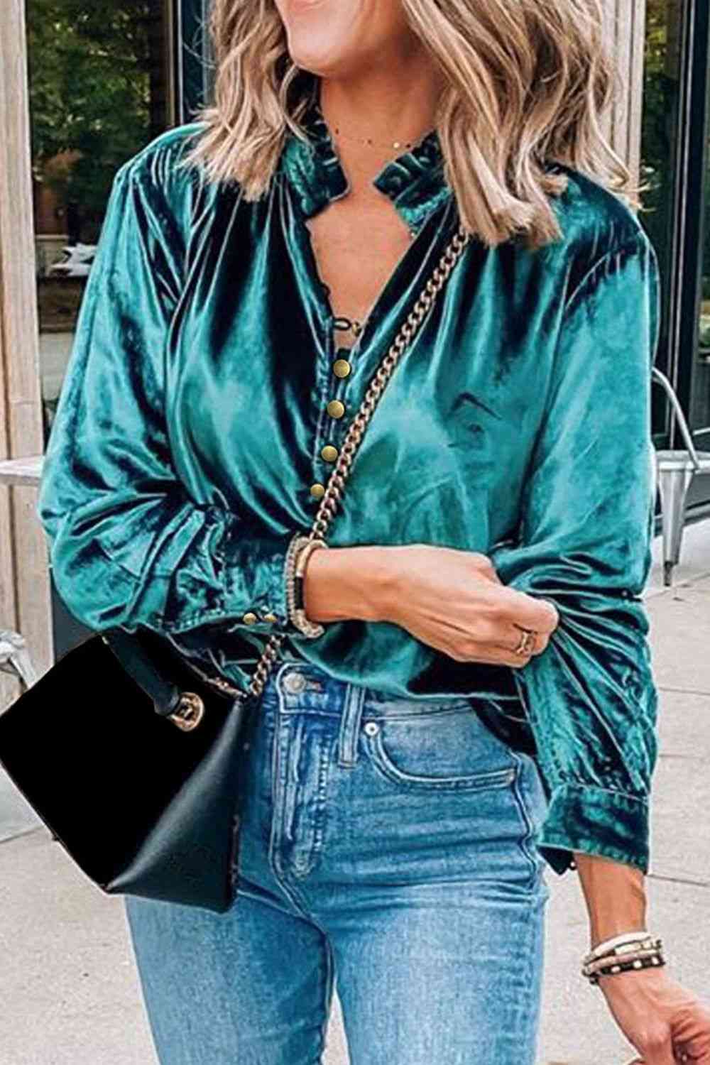Notched Neck Buttoned Long Sleeve Velvet Blouse - Women’s Clothing & Accessories - Shirts & Tops - 9 - 2024