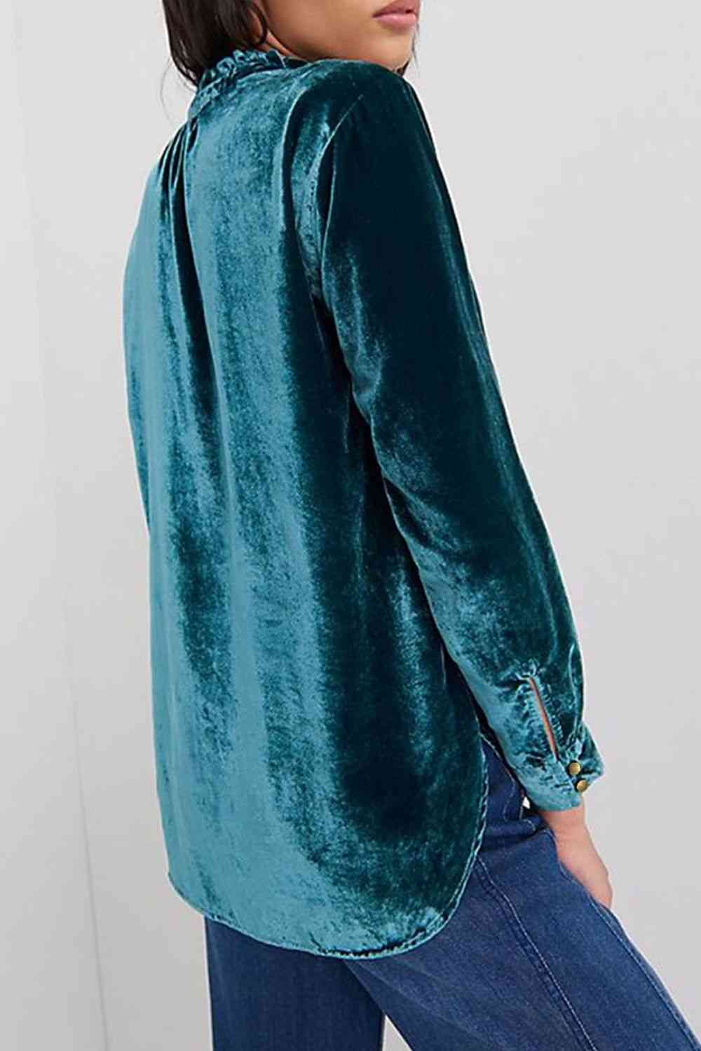 Notched Neck Buttoned Long Sleeve Velvet Blouse - Women’s Clothing & Accessories - Shirts & Tops - 10 - 2024