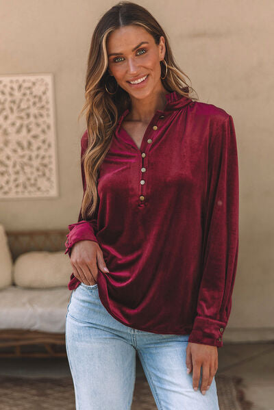 Notched Neck Buttoned Long Sleeve Velvet Blouse - Wine / S - Women’s Clothing & Accessories - Shirts & Tops - 3 - 2024