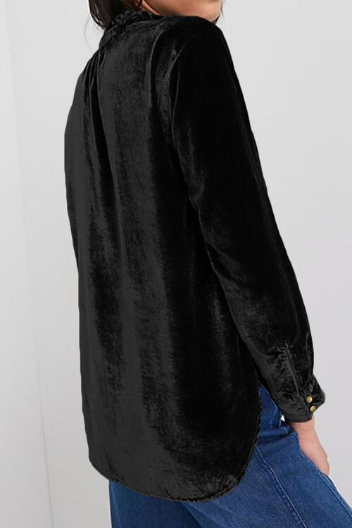 Notched Neck Buttoned Long Sleeve Velvet Blouse - Women’s Clothing & Accessories - Shirts & Tops - 12 - 2024